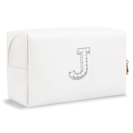 Bride Gifts – Personalized Initial Makeup Bag with Pearl Rhinestone Patch, Preppy White Monogram Cosmetic/Toiletry Pouch, bridesmaid Gifts, Bridal Shower Gifts, Wedding Gifts, Bridal Gifts,J