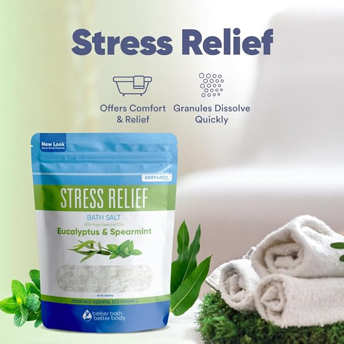Stress Relief Bath Salt 32 Ounces (2 Lbs) USP Grade Epsom Salt with Natural Spearmint and Eucalyptus Essential Oils Plus Vitamin C in BPA Free Pouch with Easy Press Lock Seal Made in USA