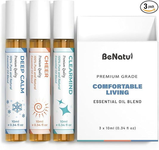 Essential Oil Set (Deep Calm, Cheer, ClearMind), Aromatherapy Roll On Blends for Massage, Body Care & Home Use, Great Fragrance Roller Gift for Men & Women