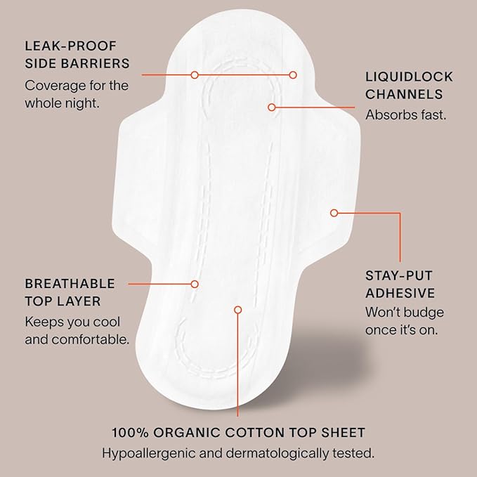 Cora 100% Organic Cotton Topsheet | Ultra Thin Period Pads with Wings | Overnight Absorbency | Ultra-Absorbent Sanitary Pads for Women (36 Count)