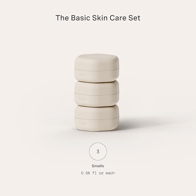 Cadence Travel Containers Basic Skincare Set - Magnetic Containers with Lids,Carry On Travel Essentials For Women/Men - 3 Small Capsules (0.56oz) - Cleanser, Moisturizer & Sun-Icon Labels - Sand