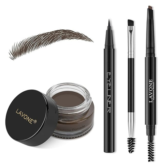 LAVONE Eyebrow Stamp Pencil Kit for Eyebrows, Makeup Brow Stamp Trio Kit with Waterproof Eyebrow Pencil, Eyeliner, Eyebrow Pomade, and Dual-ended Eyebrow Brush - Medium Brown