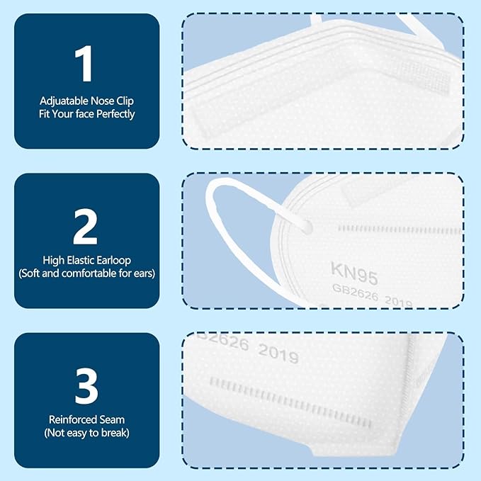 50PCS KN95 Face Masks Breathable Disposable Mask 5 Layer Cup Dust Safety Filter Efficiency≥95% with Elastic Ear Loops and Nose Bridge Clip(White)