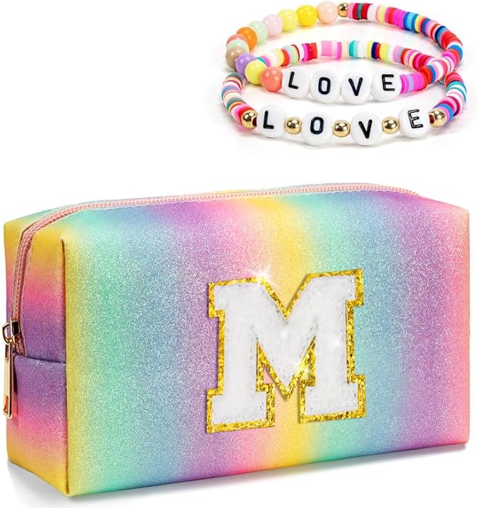 Kindergarten Graduation Gifts, Preppy Makeup Toiletry Bag for Girls Kids, Personalized Gifts for 4 5 6 7 8 9 10 11 12 13 Year Old, Letter Pouch for Overnight, Cute Stuff (Large)