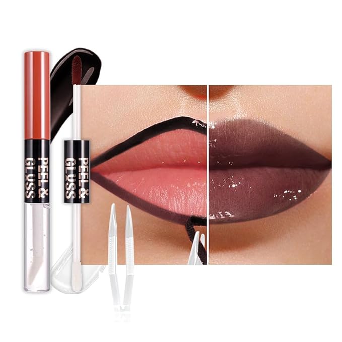 Maroon Peel off Lip Stain Lip Oil Dual Ended Combo Set with Tweezer, 2 in 1 Lips Liner Stain Oil Long Lasting Waterproof, High Pigmented Flawless Lips Tint Stick Not Faded Vegan & Cruelty-free