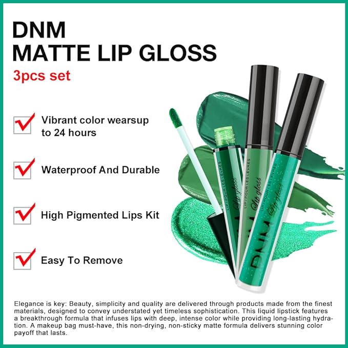 evpct 3Pcs Dark Pale Teal Forest Emerald Green Matte Glitter Shimmer Shiny Liquid Lipstick Lip Stain Sets for Women Matte+Lipstick Long Lasting Waterproof 24 hr Magic Lipstick 24 Hours original