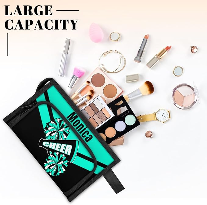Custom-Makeup-Bag Personalized Travel Toiletry Bag Text Customized Cheer Makeup Bags Cosmetic Bags for Women With Divider & Handle Blue Green