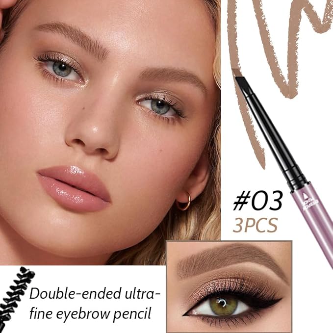 3 Pcs Light Brown Eyebrow Pencils for Women,with Spoolie Brush,Eyebrow Pencil Soft Textured,Waterproof Sweat-proof for Fills in Sparse Areas and Gaps Create a Natural Eye Brow,Vegan & Cruelty-Free