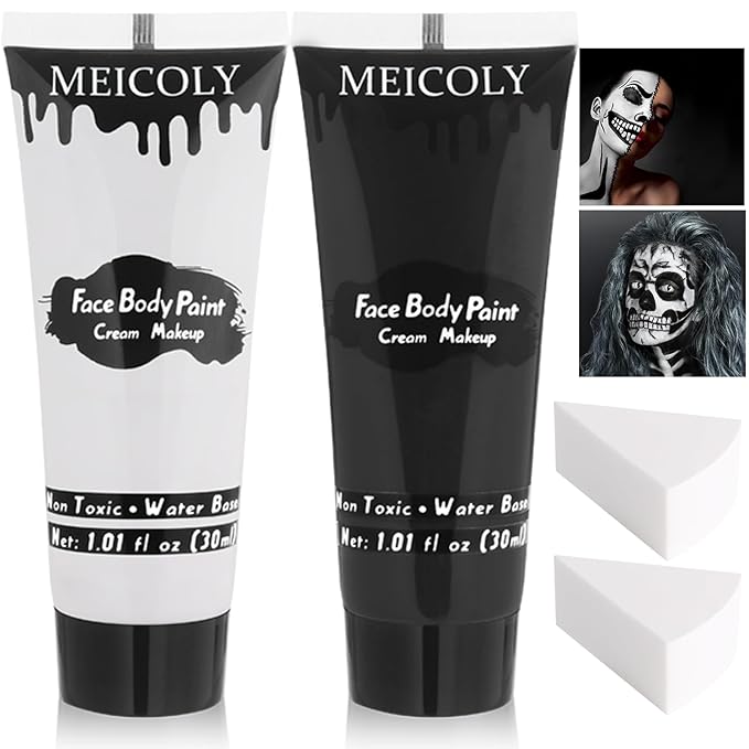 MEICOLY Black White Face Body Paint with Sponges,Water Based Face Paint for Adults Kid,White Face Paint,Face Painting for Clown Makeup,Halloween SFX Skull Zombie Skeleton Mime Goth Makeup Corpse Paint