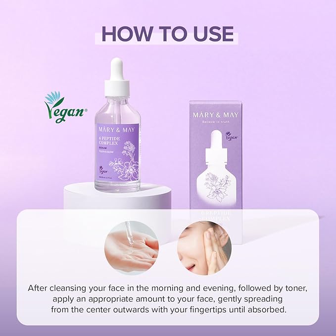 Mary&May 6 Peptide Complex Serum - Korean Anti-Aging Face Treatment for Wrinkle Reduction, Skin Firmness & Hydration, EWG Verified, Fragrance Free, 2.71 fl.oz.