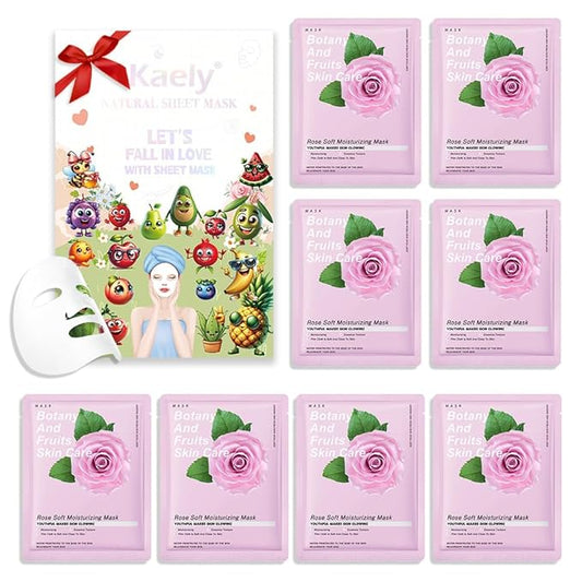 8 Pack Rose Face Mask,Pink Face Masks Spa Day kit Supplies for Teens Girls Women,Sheet Facial Mask Skincare for Kids Gifts Set,Hydrate Nourish Soothe for All Skin Types,Spa Party Favors
