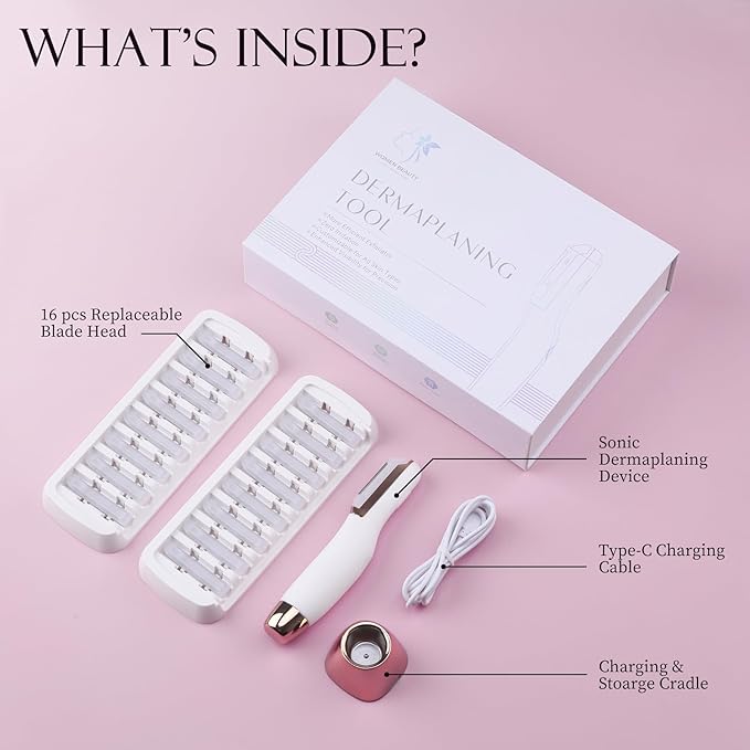 Sonic Dermaplane Razor for Women Face, Dermaplaning Tool for Face, Facial Hair Removal for Women, Sonic Edge Technology, Peach Fuzz with 16 Replaceable Blades(White)
