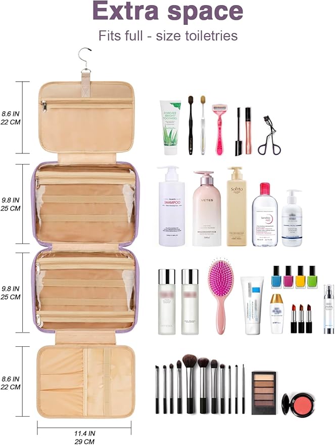 Women's Hanging Toiletry Bag, Waterproof Travel Cosmetic Organizer with Jewelry Storage, Large Capacity Makeup Case for Full-Size Skincare & Bathroom Essentials, Portable Cosmetic kit, Purple