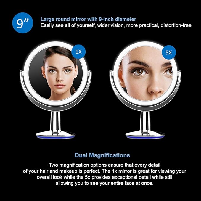 SuperGlow 9" Round Shaped Dual-sided Lighted Makeup Mirror, 1X/5X Magnifying Vanity Mirror, Brightness 1000Lux, 360 Degree Rotating Adjustable Brightness Mirror, Brushed Nickel Finish