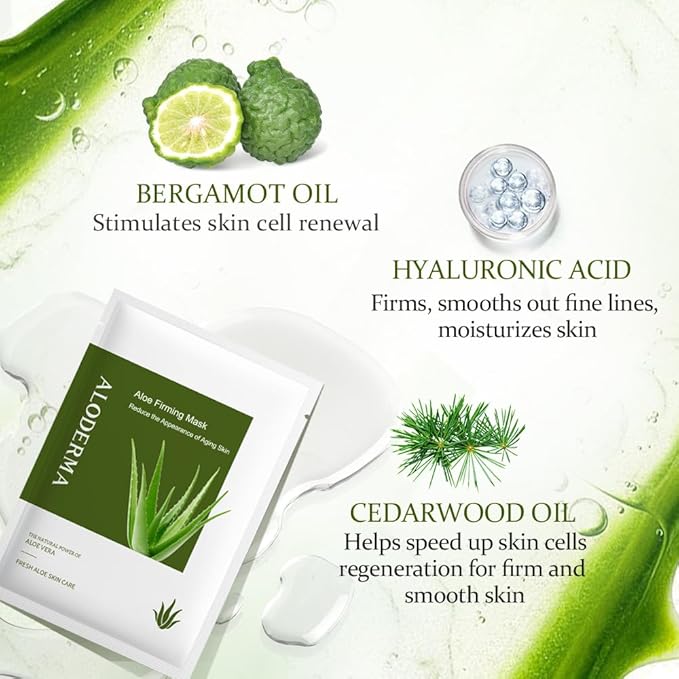 Aloderma Firming Sheet Masks with 89% Organic Aloe Vera 5 pcs - Formulated for Age-Defying Results with Hyaluronic Acid & Arginine, Intense Hydration & Nourishment for Plump, Supple, Rejuvenated Skin