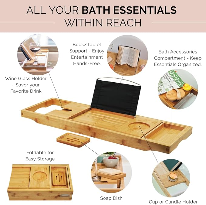 Foldable Bamboo Bathtub Tray Caddy - Expandable Bath Tray for Tub | Secure, Non-Slip Bathtub Caddy Tray for Tub for Bath Accessories, Bath Stuff – Perfect Relaxing Gifts for Women and Spa Gift Set