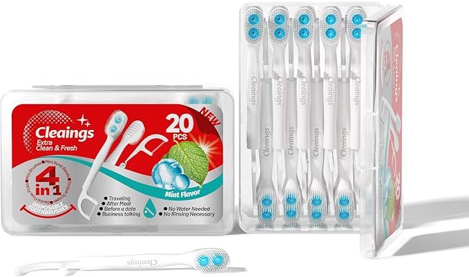 cleaings® Disposable Toothbrushes with Toothpaste - 4-in-1 Mini Travel Toothbrushes, Built-in Tongue Scraper, Floss & Picks for On-The-Go, Camping, Work (Mint)
