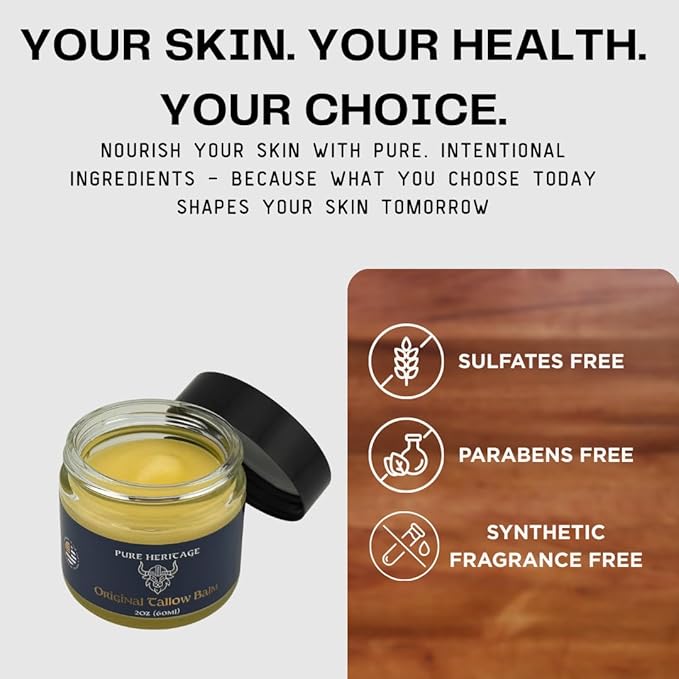 Pure Heritage Handmade Tallow Balm – Grass-Fed & Finished Moisturizer & Healing Cream with Frankincense & Cedarwood | Natural Care for Sensitive Skin, Eczema, Rosacea, Babies, Men & Women (2oz)