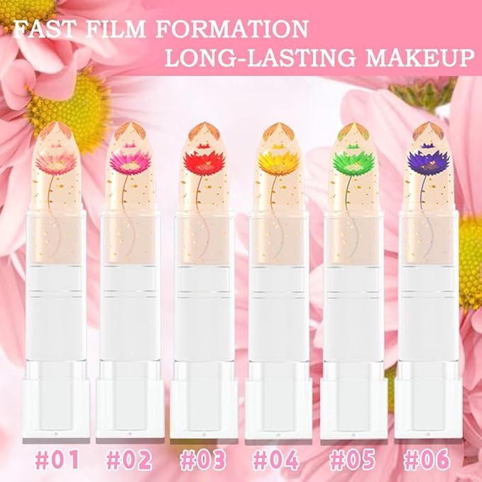 BINGBRUSH 6 Pcs Crystal Flower Jelly Color Changing Lipstick,Long Lasting Lip Care Moisturizer Lip Balm Magic Color Change Lip Gloss Lip Tint Stain Matte Makeup Lipstick (6 Pcs 01#-06#)