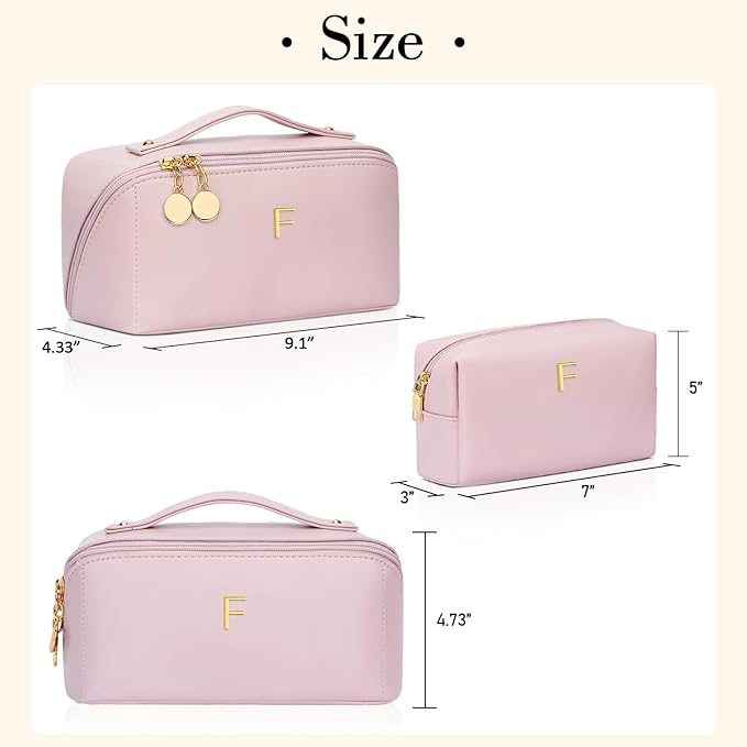 Birthday Gifts for Women Teen Girl, Personalized Initial Makeup Organizer Bag Set, Open Flat Travel Cosmetic Bag With Clear Divider and Handle(Pink,F)
