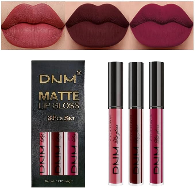 evpct 3Pcs Dark Red Purple Matte 24-hour Liquid Lipstick Sets, Matte Lipstick Lip Stain Long Lasting 24 Smudge Waterproof Lip Gloss Gift Set Matt Lipsticks Set Matt Liquid Women Makeup Lipstick 06