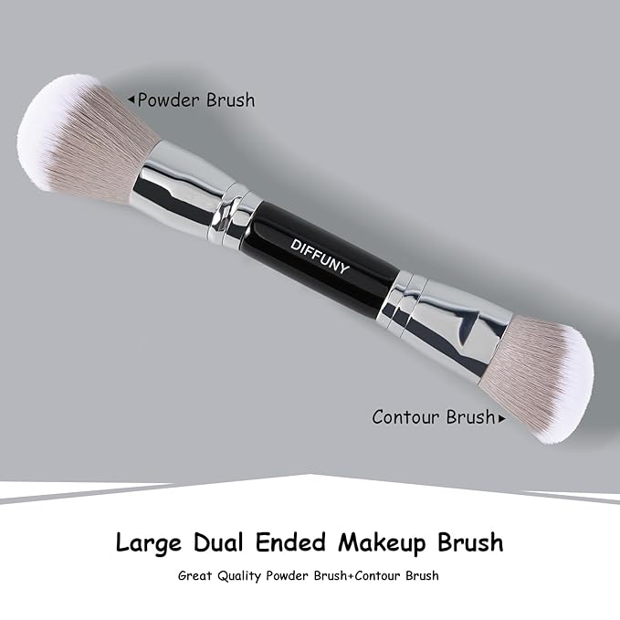 Large Dual Ended Makeup Brush, Powder Foundation Brush+ Contour Brush, Angled + Round Double Makeup Brush for Powder, Cream, Bronzer Brush