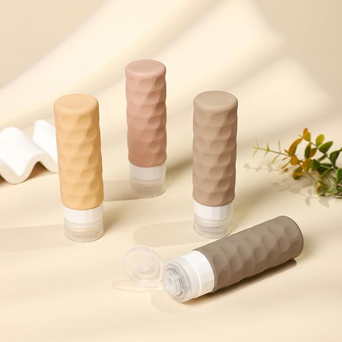 Travel Bottles for Toiletries, 4pcs Tsa Approved 3oz Travel Size Containers, BPA Free Leak Proof Premium Silicone Bottles, Refillable Liquid Squeezable Accessories W/Toiletry Bag（Apricot）