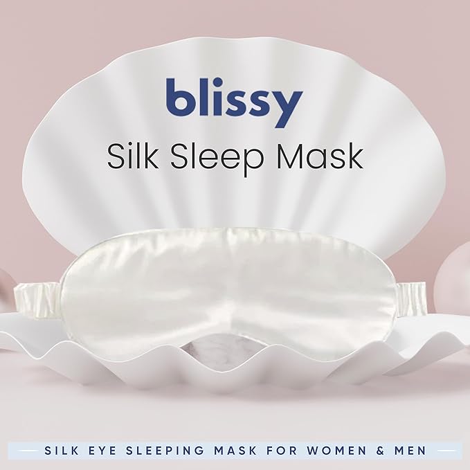 Blissy Silk Sleep Mask - Silk Eye Sleeping Mask for Women & Men for Total Blackout - 100% Pure Mulberry Silk, 22 Momme 6a Fibers - Blindfold Silk Sleep Mask Side Sleeper Eye Cover (White)