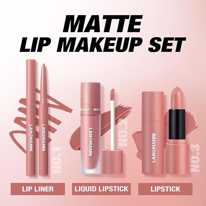 LANGMANNI 3 in 1 Matte Velvet Lipstick Set-Lip Liner,Lip Gloss and Lipstick Combo,Perfect for Natural Lip Contour,Waterproof And Longlasting Effect Lip Makeup,Unique Festival Gift (#02+04+06)