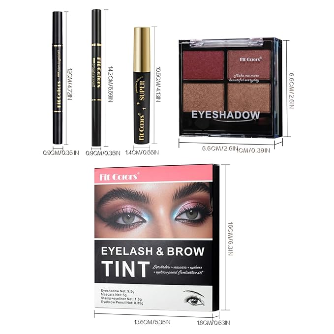 4-in-1 Eye Makeup Kit 4 Colors Eyeshadow Palette Black Liqiud Eyeliner with Stamp and Double-headed Brown Eyebrow Pencil Set for Women Beginners Gift (03)