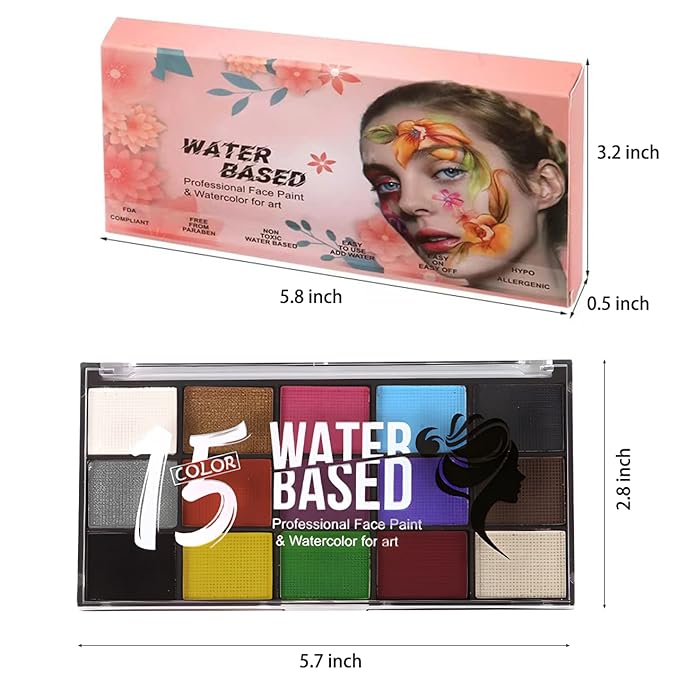Face Paint Kit, Painting Palette with Brushes Body Paint Face Makeup Safe and Easy to Clean for Halloween Carnivals Cosplay Party Stage Performances (15 Colors+12 Brushes+6 Stickers)