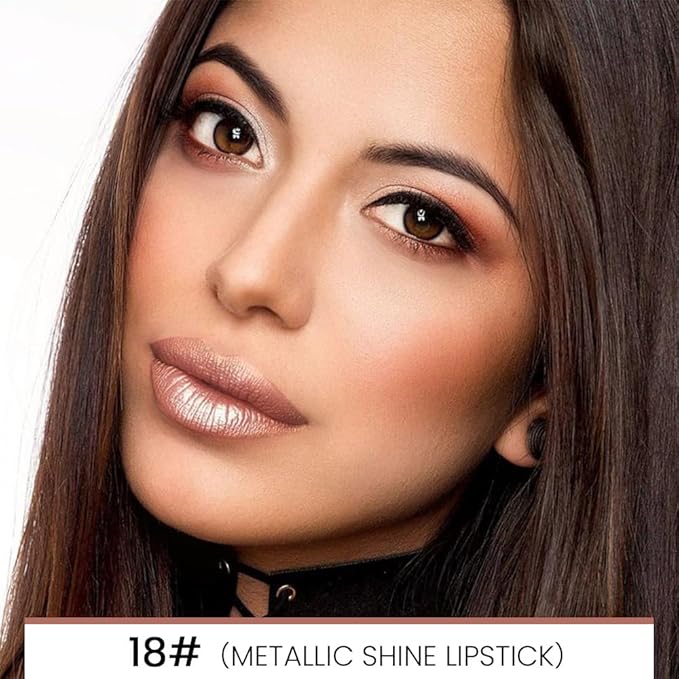 2-in-1 Brown Lip Liner & Lipstick Set Kit for Women, Metallic Lips Kit with Lip Liner Lip Stains Long Lasting Waterproof 24 Hour Lipstick and Lip Liners Combo Lipliners Pencil Set 18