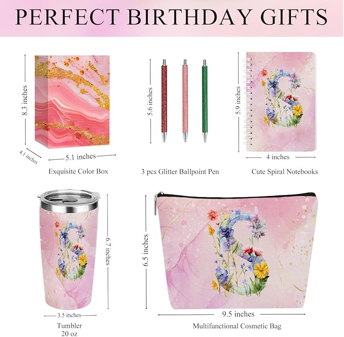 Personalized Gifts for Women Monogrammed Birthday Gifts for Women, Wife Girlfriend Christmas, Initial 20 oz Tumbler, Makeup Cosmetic Bag Cup Pens Journal Notebook 6 Set, (Aesthetic Pink Flower S)