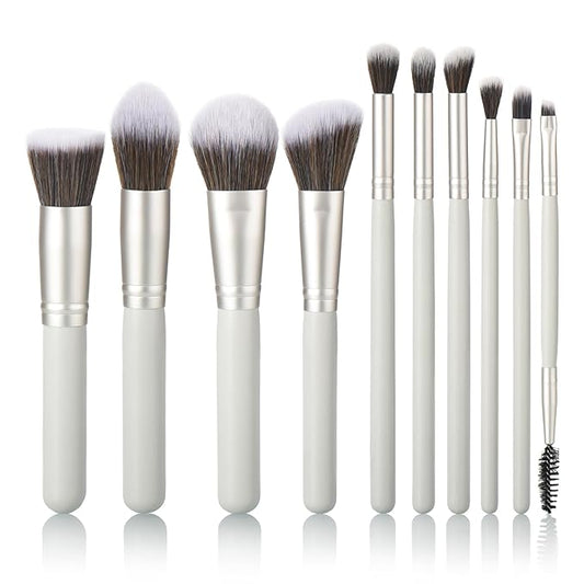 10 Piece Makeup Brushes - Grayish Green Wooden Handle with Soft Synthetic Bristles,for Face & Eye Makeup|Professional Makeup Brushes set for Women & Girls|