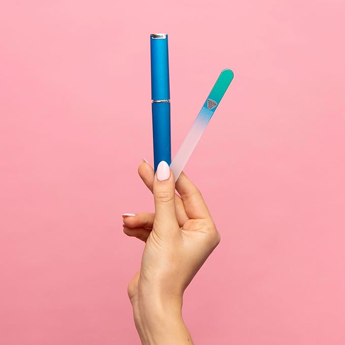 Bona Fide Beauty Glass Nail File with Case (Aqua) - 1 Piece Luxurious Gifts for Women, Crystal Etched Nail File for Natural Nails