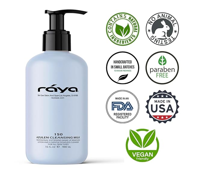 Raya Azulen Facial Cleansing Milk 16 oz (150) | Calming and Refining, Soap-Free Fluid Cleanser and Make-Up Removing Lotion | Made with Azulene Extract and Aloe Vera | Great for Sensitive Skin