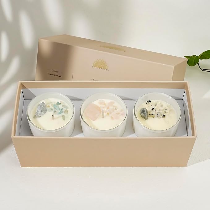 Soy Candles Healing Crystals.Rose Quartz,Moonstone,Blue Celestite Crystal. Black Currant&Rose, Amber Noir, Sea Salt&Drift Wood. Positivity Energy Gift for Women, 3PC Candle Set 3.5 oz Each
