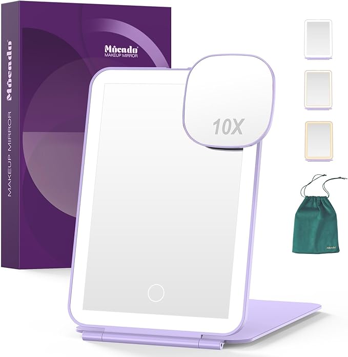 LED Foldable Travel Makeup Mirror - 5x7 inches3 Colors Light Modes USB Rechargeable Touch Screen, Portable Tabletop Cosmetic Mirror for Travel, Cosmetic, Office (Violet)