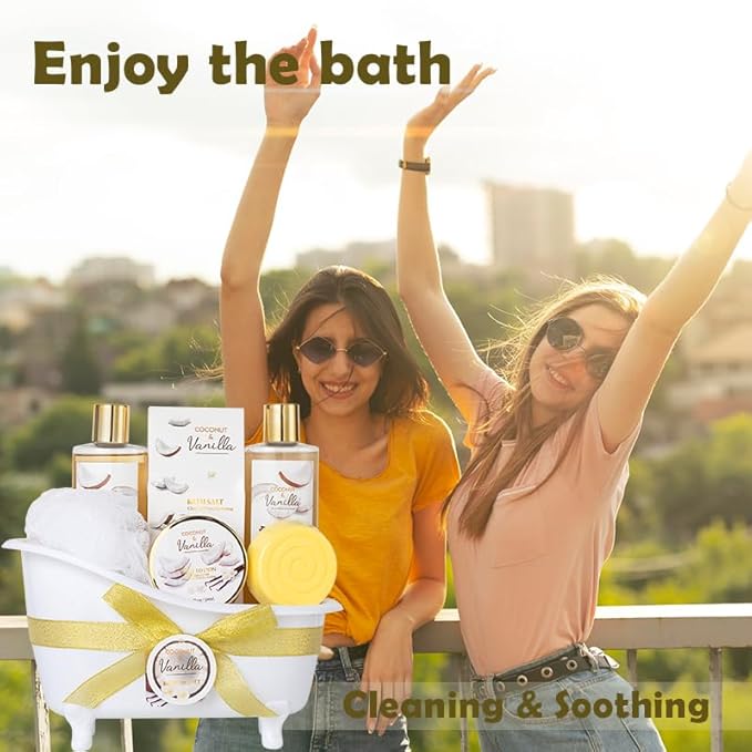 Christmas Gifts for Women and Men - 8-Piece Luxury Coconut Vanilla Bath & Body Gift Set for Women Self Care Kit Spa Gift Baskets | Perfect Gifts for Mom, Birthday Gifts, All Occasion Holiday Present