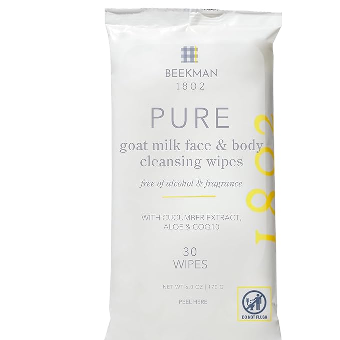Beekman 1802 Face & Body Wipes - Fragrance Free, 30 Count, Cleanses Dirt & Makeup, With Goat Milk, Aloe & Vitamin E