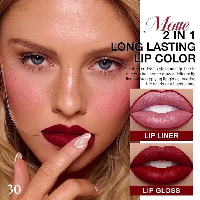 evpct 1Pcs Dark Oxblood Red Matte Lip Liner and Liquid Lipstick Stain Makeup Set for women, Red Long Lasting Smudge Proof Lipstick labiales matte mate larga duracion listip 24 hours originales, 30#