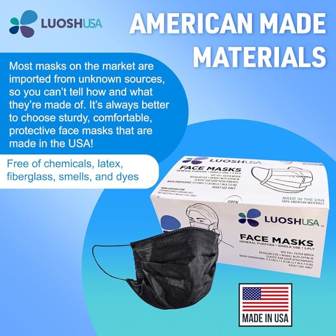 Luosh Face Masks Disposable Made in USA, 3 Ply Disposable Masks 50pcs,Adult Mask, Kids Mask, Black Masks, White Masks