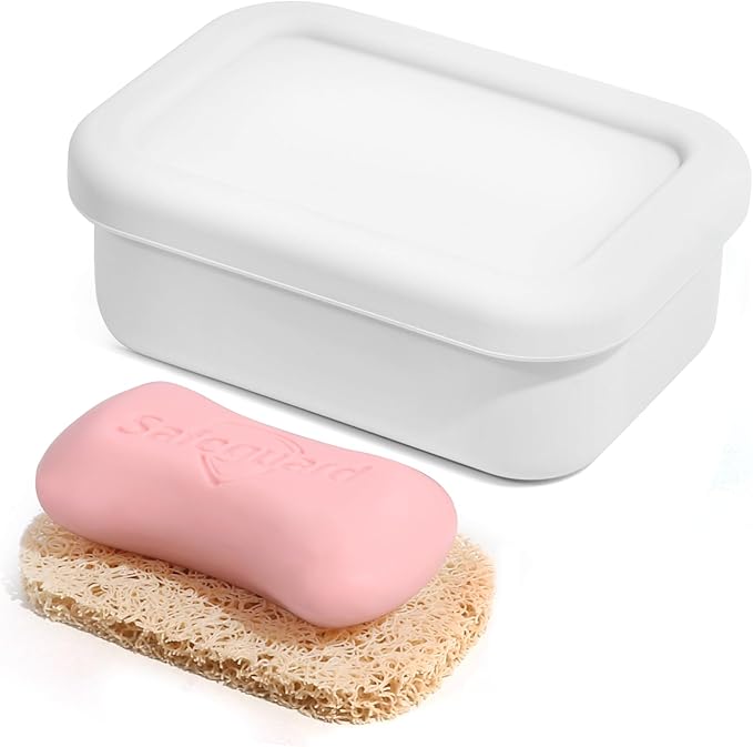Leak Proof Silicone Travel Soap Case with Draining Layer, Travel Size Toiletry, Portable Soap Container for One Regular Bar Soap Perfectly, Shatter-Proof Soap Holder for Bathroom, Gym (White)