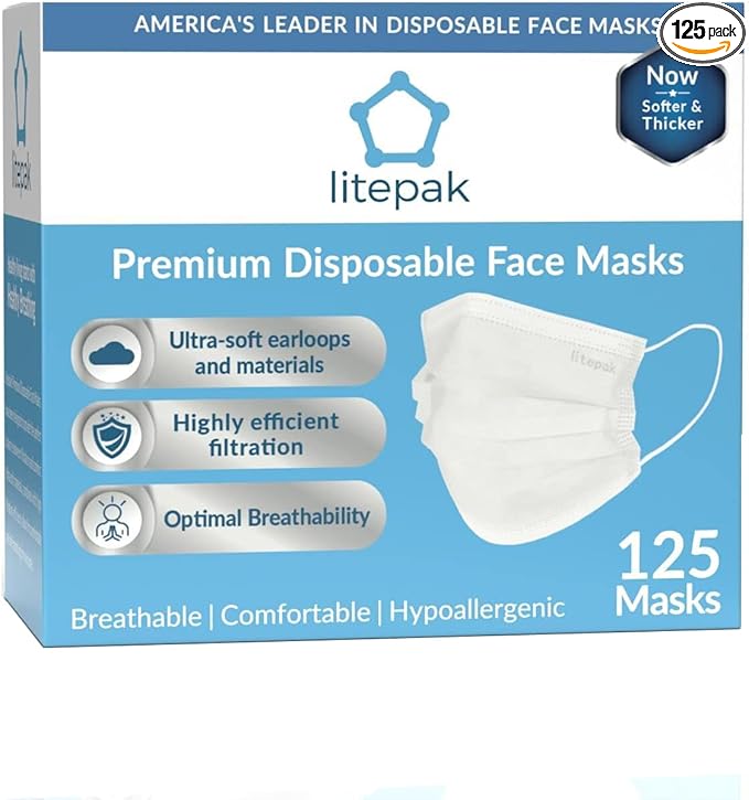 Litepak 125-Pack Disposable Face Mask Premium Comfort Earloops with Dispenser Box (White)