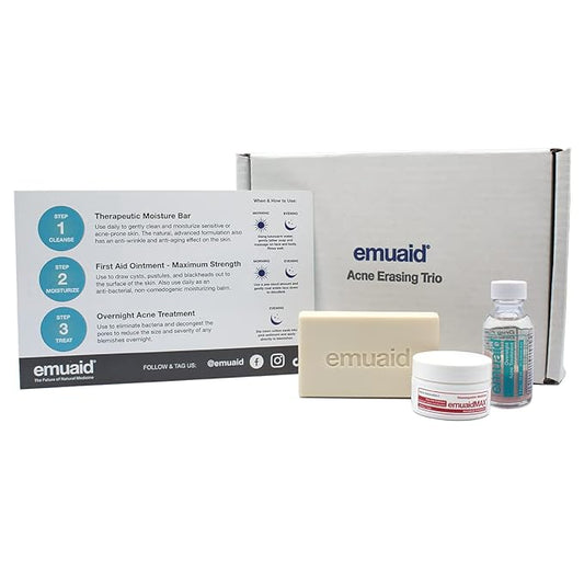 EMUAID Acne Erasing Trio - Therapeutic Moisture Bar, Overnight Acne Solution, EMUAIDMAX First Aid Ointment - Skincare Set Targets Cystic Acne, Clears Blackheads, Helps Improve Acne Scars & Blemishes