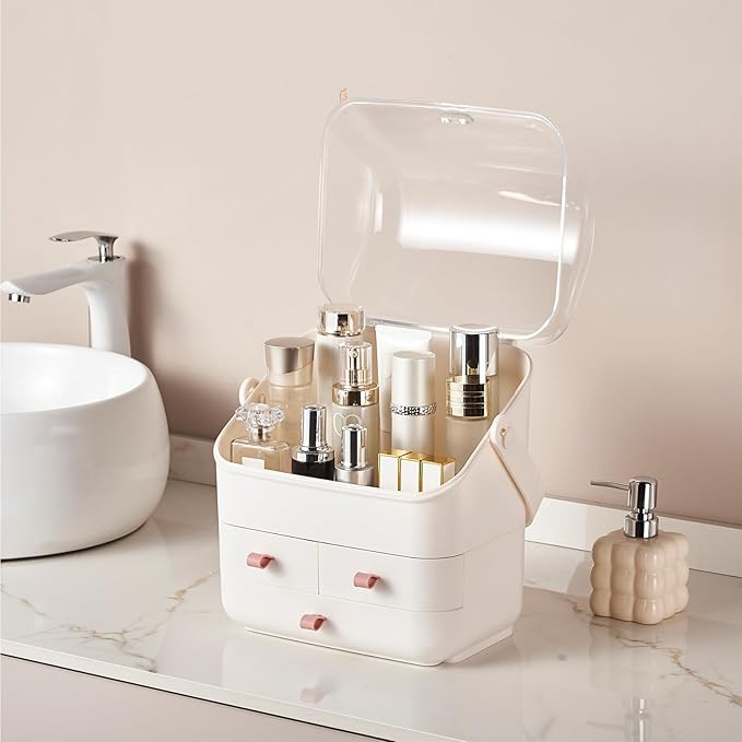 Large Makeup Organizer w Drawers Beauty Organizer Makeup Box Holder Vanity Organization Desk Countertop MakeUp Organizers Bathroom Counter Organizer Skincare Cosmetic Case Stand Dustproof Lid Gift