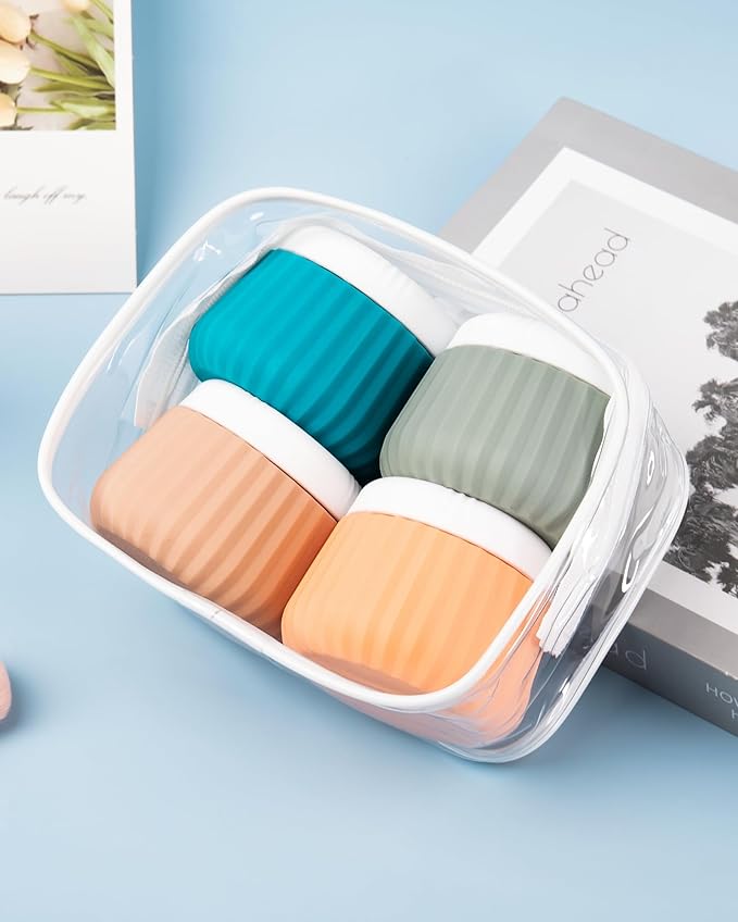 Travel Containers for Toiletries 4 Pack, TSA Approved Travel Size Toiletries, Travel Size Containers, With Clear Bag Leak Proof Silicone Jars, Travel Essentials Creams Jars Carrying Small Items