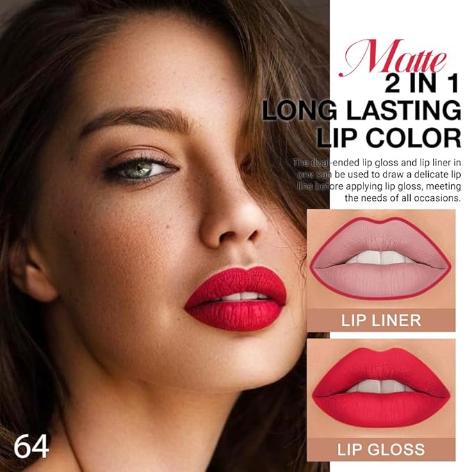 evpct 1Pcs Fire Bright Red Matte Lip Liner & Liquid Lipstick Stain Makeup Set for Women, Red Lip Liner Stain Long Lasting Waterproof Smudge Proof, Cruelty Free Lip Stick Makeup 24 hours originales, 64