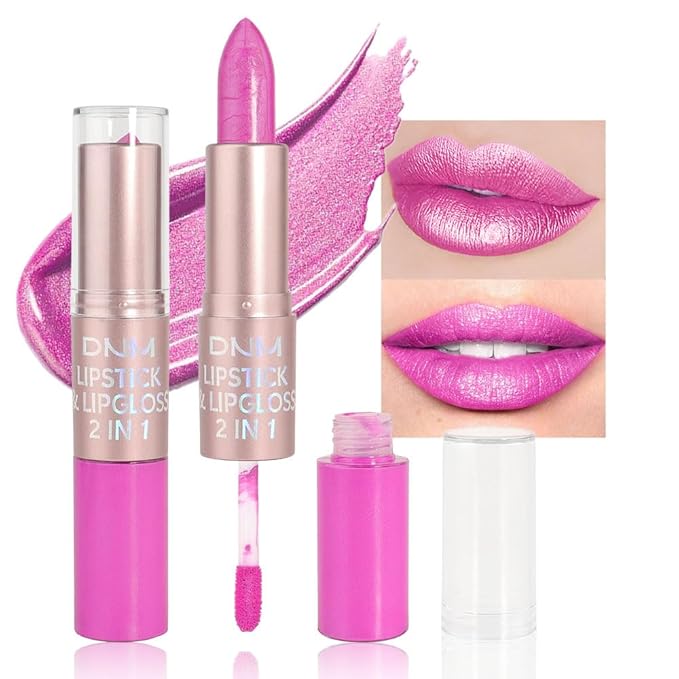 evpct 2 in 1 Hot Pink Glitter Metallic Shimmer Diamond Lipstick and Lip Gloss Set for Women Long Lasting Waterproof, Rose Pink Sparkle Glitter Shiny Lipstick and Lip Liner Makeup Set, 04#