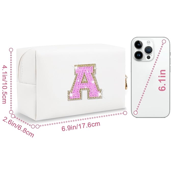 Small Initial Patch Makeup Bag Personalized Gifts Make Up Bag,White Cute PU Leather Glitter Letter Cosmetic Bag with Zipper,Trendy Portable Travel Toiletry Pouch,Preppy Stuff for Teen Girls Women A